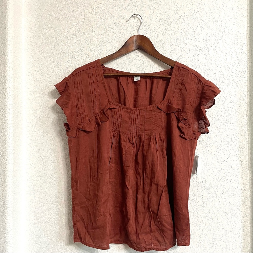 NWT Old Navy Womens Shirt Blouse Brown Short Sleeve Ruffles Size Small